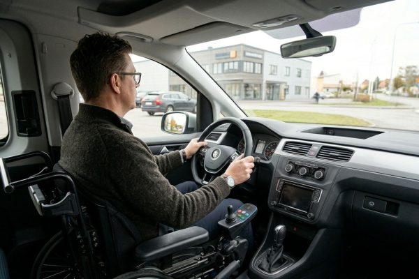 En person i rullstol kör en anpassad bil