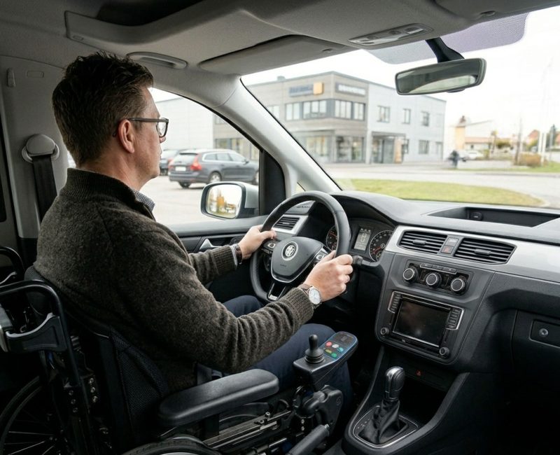 En person i rullstol kör en anpassad bil