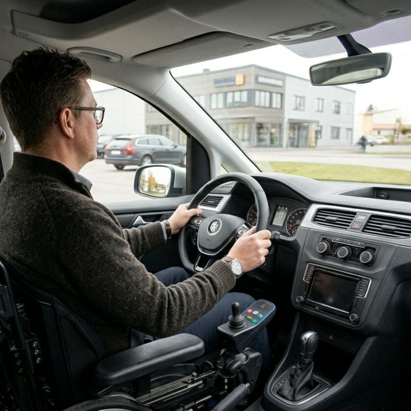 En person i rullstol kör en anpassad bil
