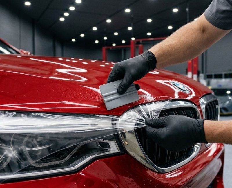 Skyddsfilm appliceras på en röd bil i en verkstad