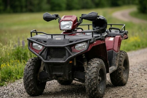 En röd fyrhjuling på en svensk väg