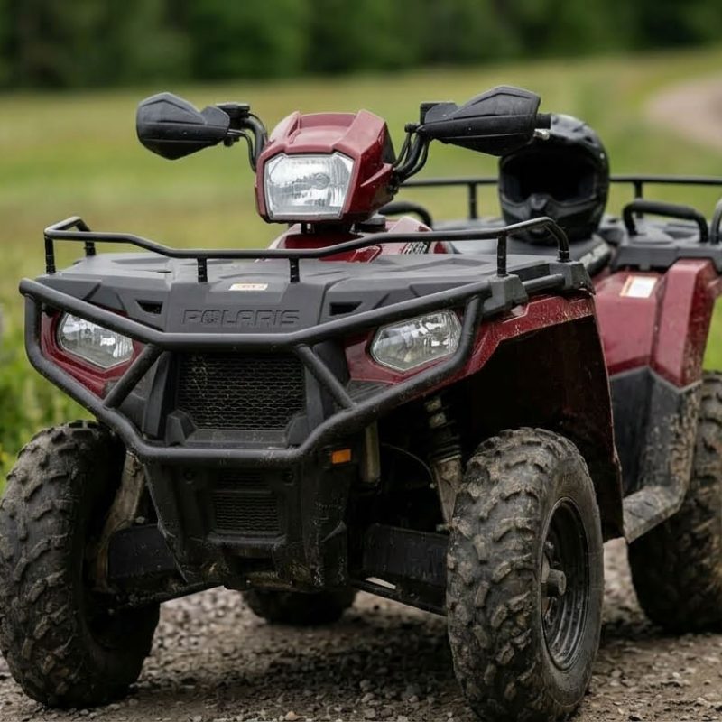 En röd fyrhjuling på en svensk väg