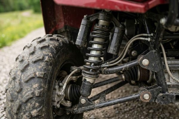 Närbild på en stötdämpare av en fyrhjuling