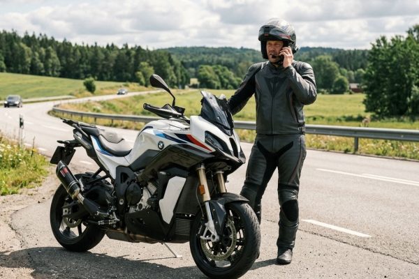 En MC-förare har stannat till med sin motorcykel på en landsväg och pratar i headset.
