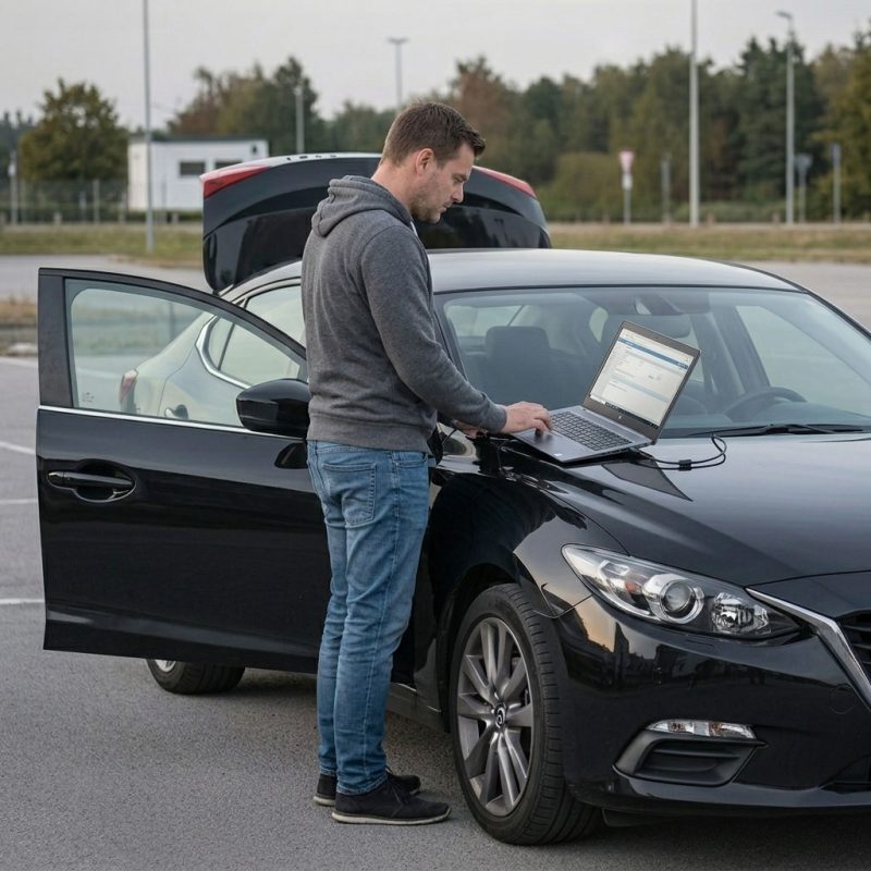 Person står utanför sin bil med en laptop på motorhuven som är kopplad till bilen