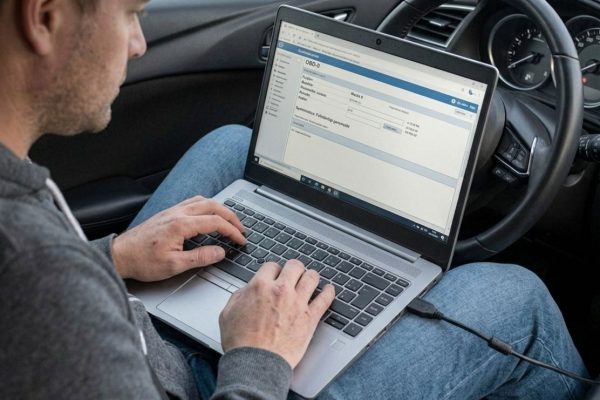 Person som sitter i förarsätet med en laptop i knät som är inkopplad i bilen