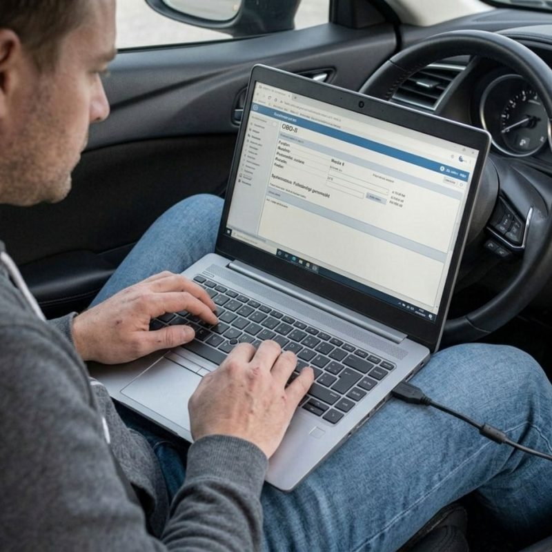 Person som sitter i förarsätet med en laptop i knät som är inkopplad i bilen