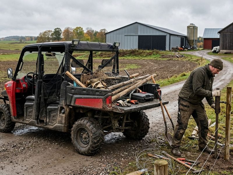 En UTV arbetsbil står på en väg medan en arbetare lagar ett stängsel bredvid