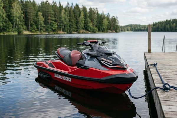 En röd vattenskoter ligger vid en brygga