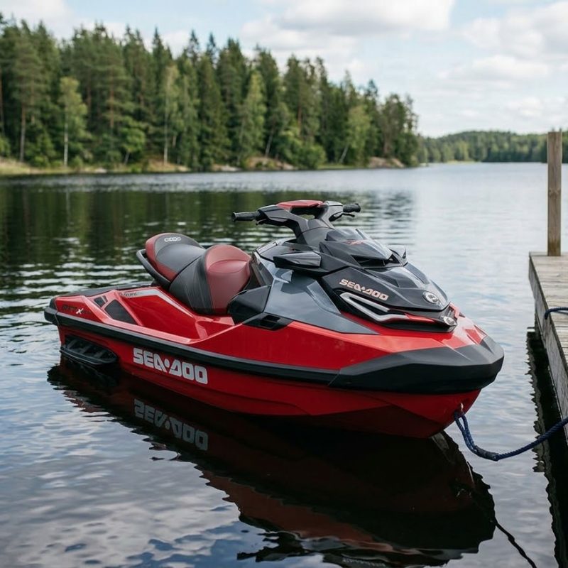 En röd vattenskoter ligger vid en brygga